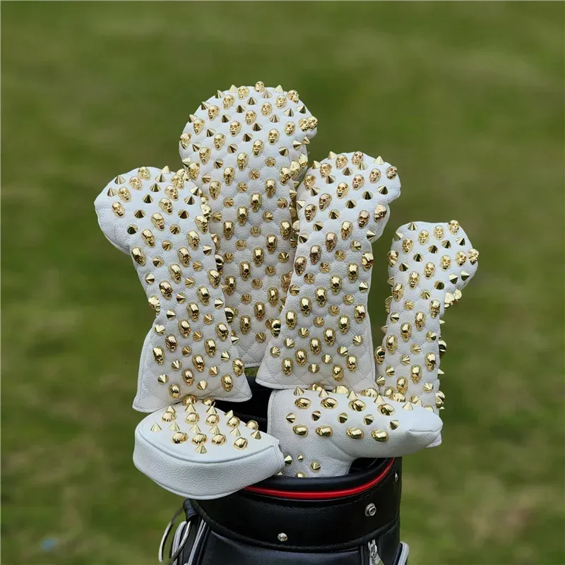 Golf club cover gold skull rivets PU leather For Driver Fairway 1# 3# 5# Hybrids Golf Head Covers Magnetic Closure Personalized 231229