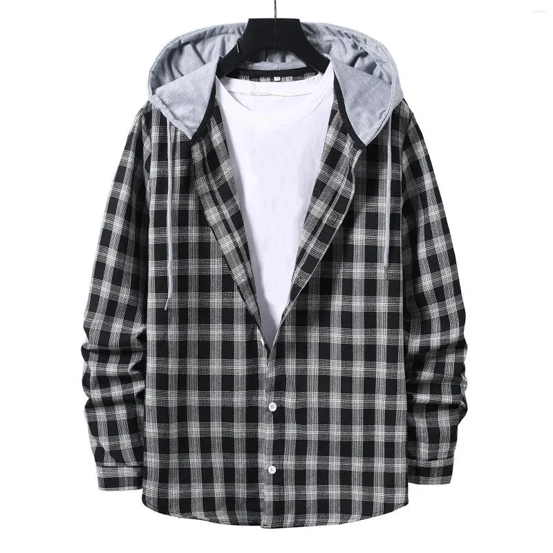 Men's Casual Shirts Plaid Print Shirt Hooded Cardigan Long Sleeve Single Breasted For Man Autumn Winter Loose Male