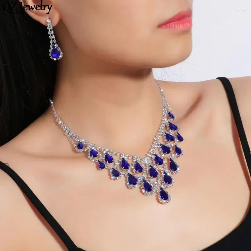 Collana di orecchini set di lusso in cristallo blu rosso da sposa a forma di goccia Accessori per feste di moda per matrimoni