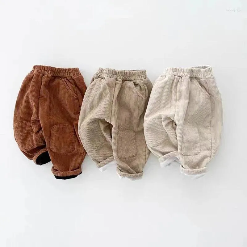 Byxor Autumn Winter Baby Boys Pants Plus Velvet Thicken Thicken Patch Casual Solid Color Kids Corduroy Fleece WARM