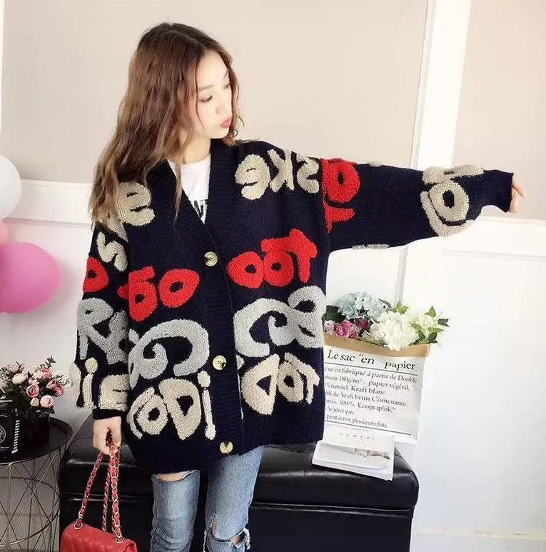 High quality Women's Sweaters oversized loose knitted Designer spring autumn fleece Towel embroidery Letter-V cardigans jumper soft long Sweater jacket for femal