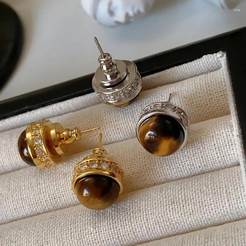 Studörhängen vinter retro runda tiger's eye sten kvinnors lyxklassiska bruna boll piercing