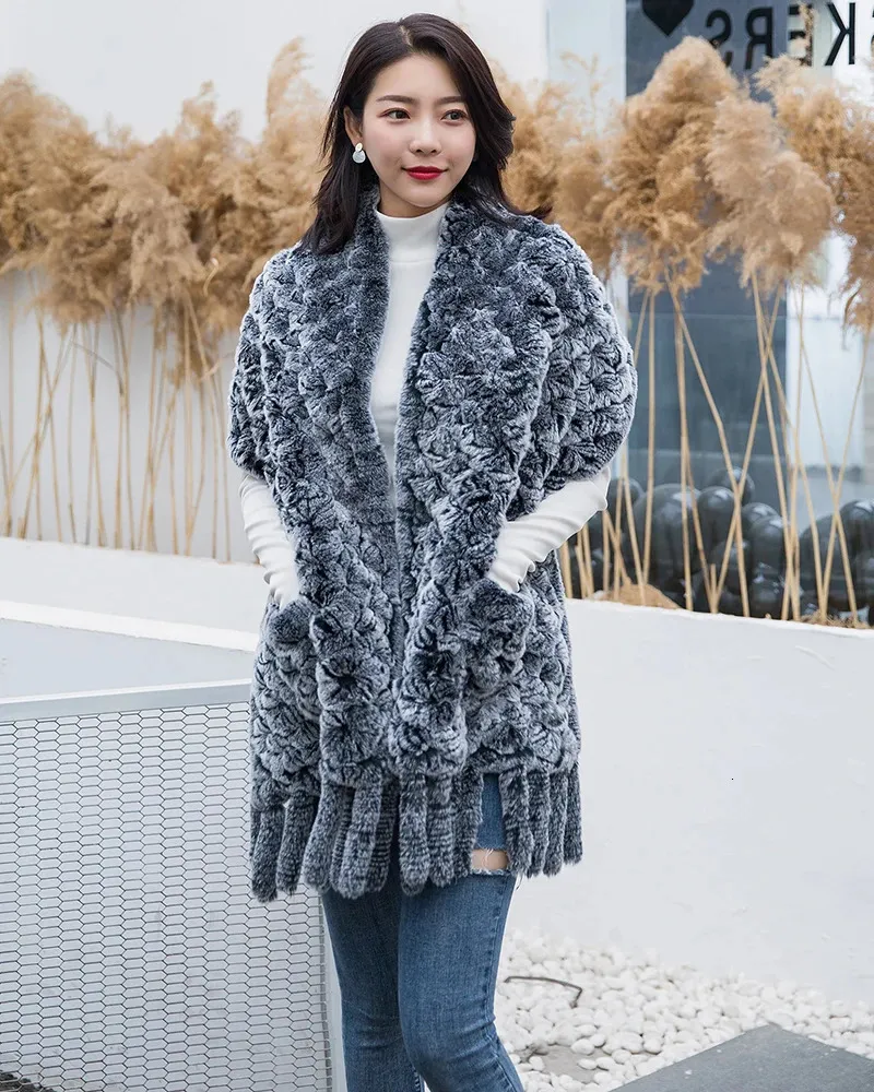 190*36cm Winter Knitted Real Rex Rabbit Fur Scarf with Pocket Wide Women Natural Rabbit Fur Tassel Shawl Warm Long Fur Scarves 231229