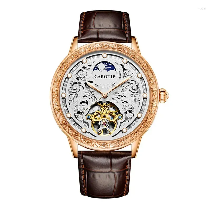 腕時計Carotif Top Watch Hollow Skeleton Automatic Mechanical Man Watchesファッション防水革ストラップ腕時計