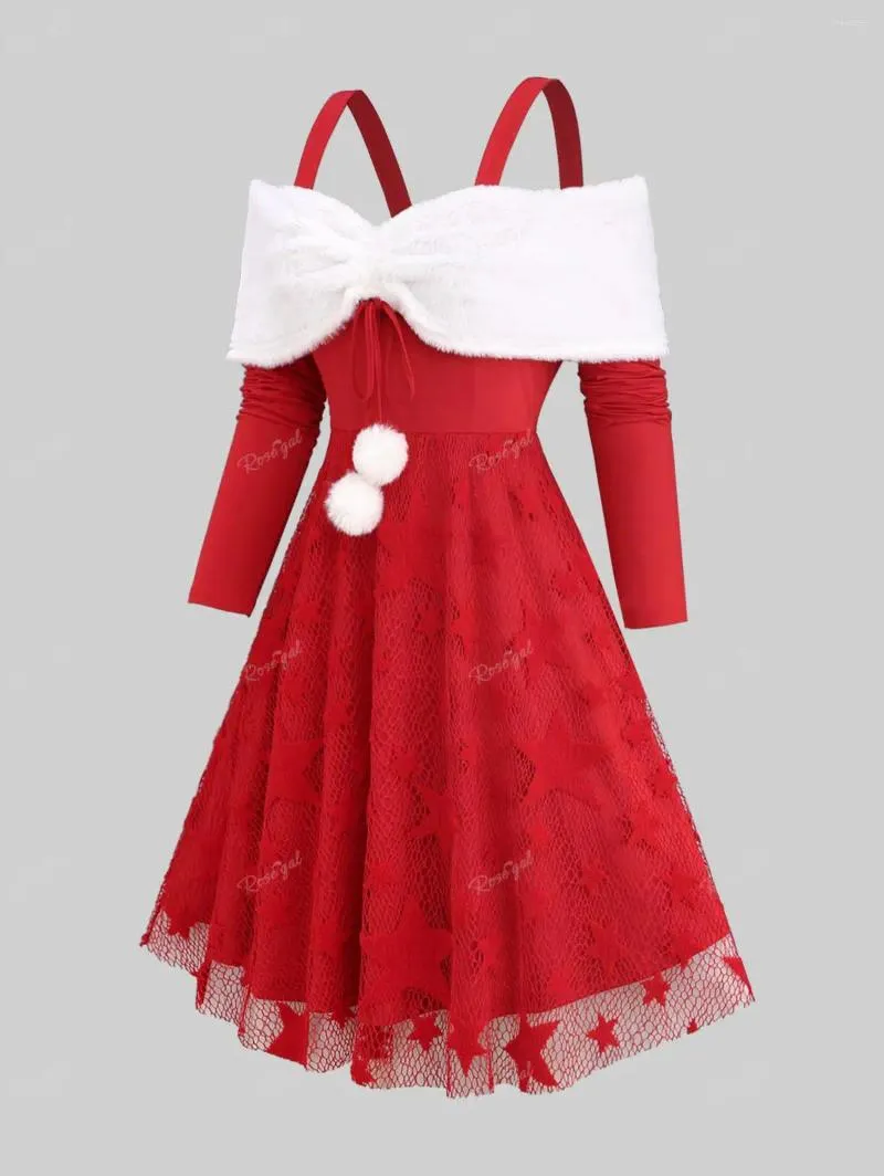 Robes décontractées Rosegal 2024 Plus Taille Star de Noël Dentelle Boule de laine Cinchée Robe d'épaule froide Femmes Rouge Longueur au genou Robes 5x