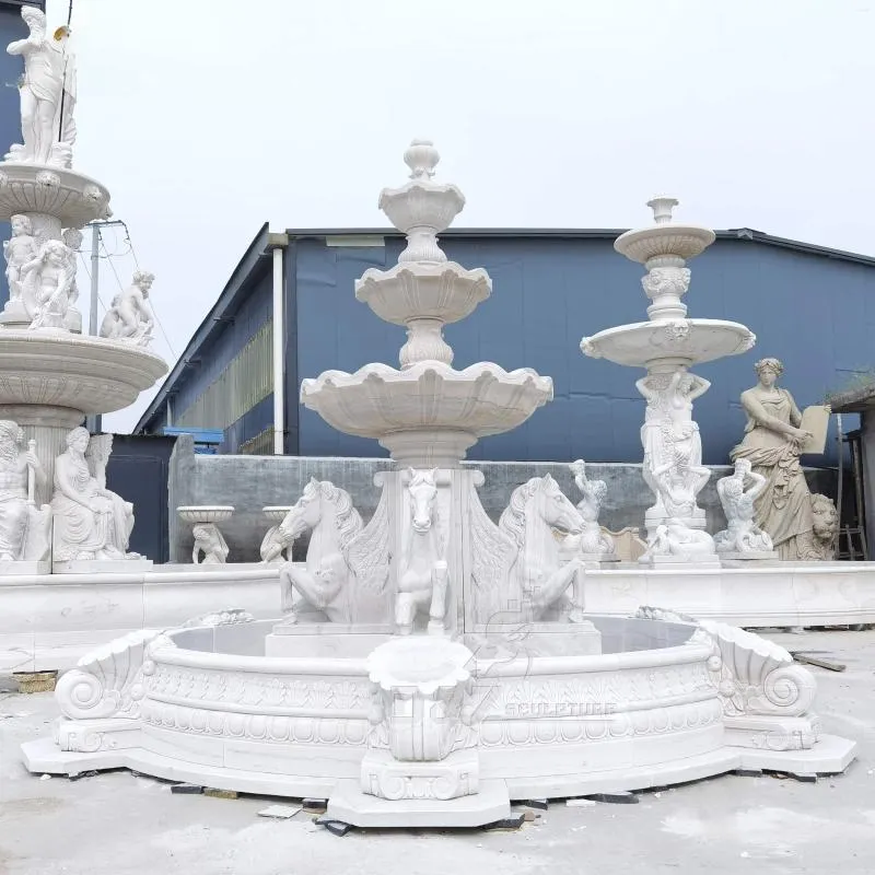 Décorations de jardin sculptées à la main, grande piscine extérieure en pierre de granit blanc et gris, fontaine d'eau en marbre à 3 niveaux