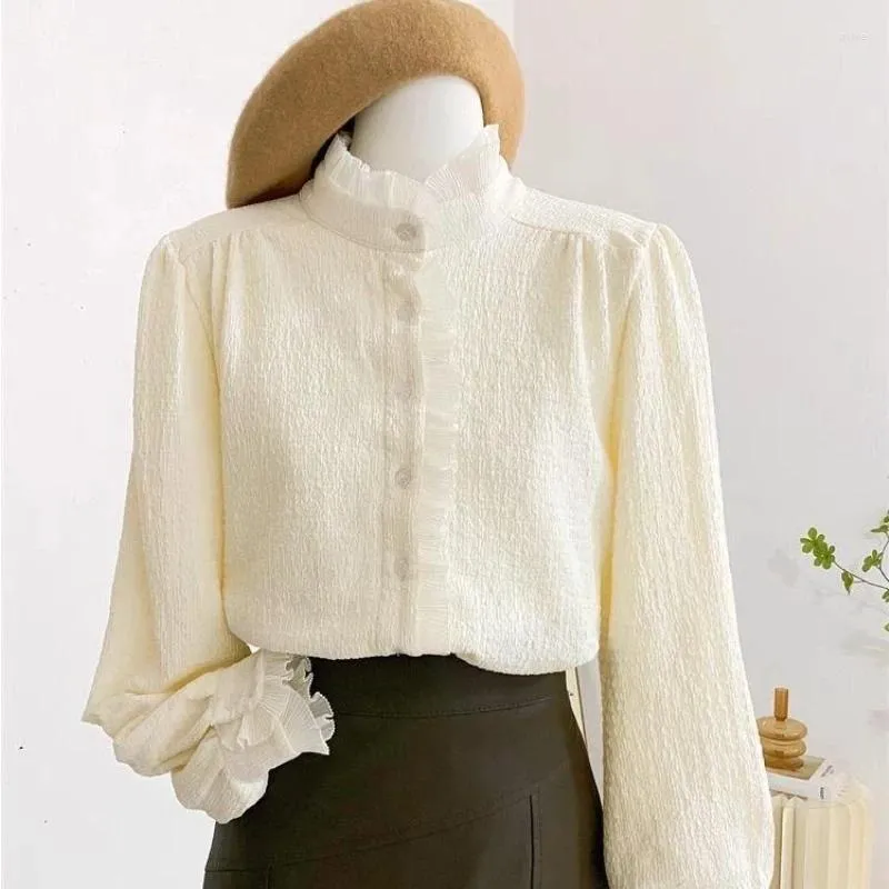 Damesblouses Herfst Effen Kleur Shirt Met Oor Kant Opstaande Kraag Lange Mouwen Chiffon Gepaard Vest