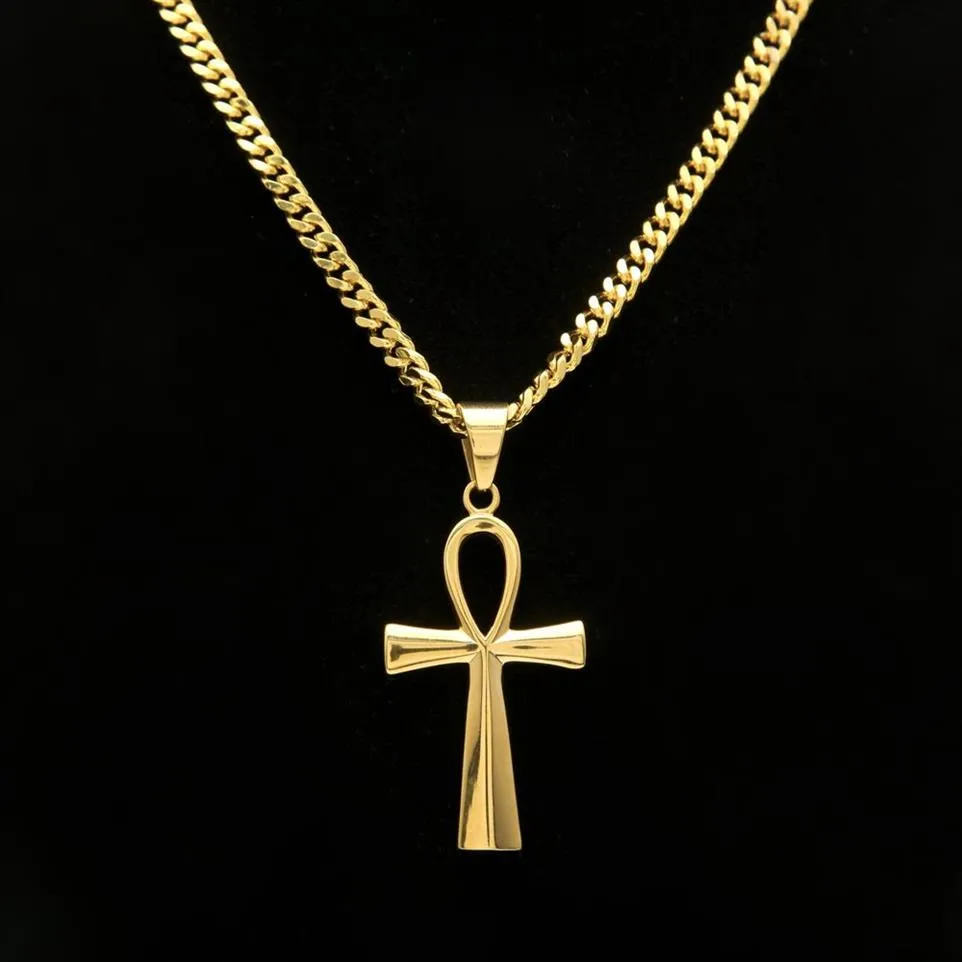 Gyptian Ankh Key Charm Hip Hop Cross Gold Silver Plated Pendant Halsband för män av högsta kvalitet Fashion Party Jewellry Gift295G