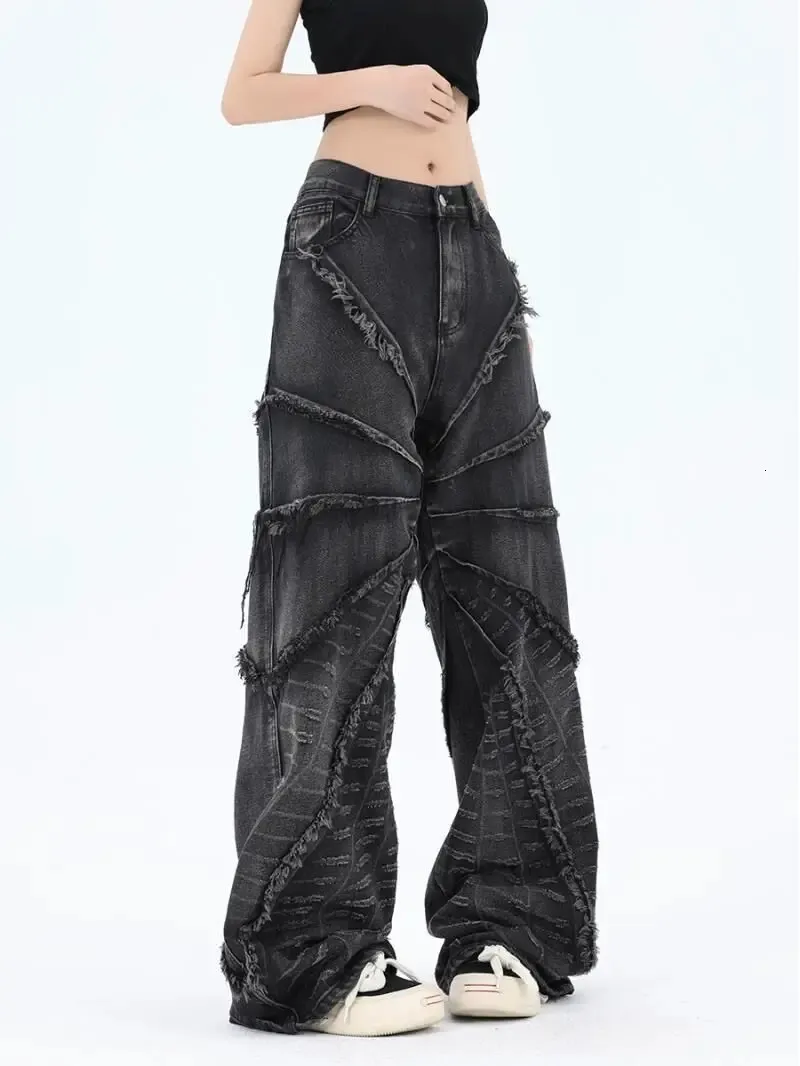 Frayed Edges distressed Washed Gothic Jeans Fashion Casual Punk Rock Loose Wide Leg Pants Men's Streetwear 231229