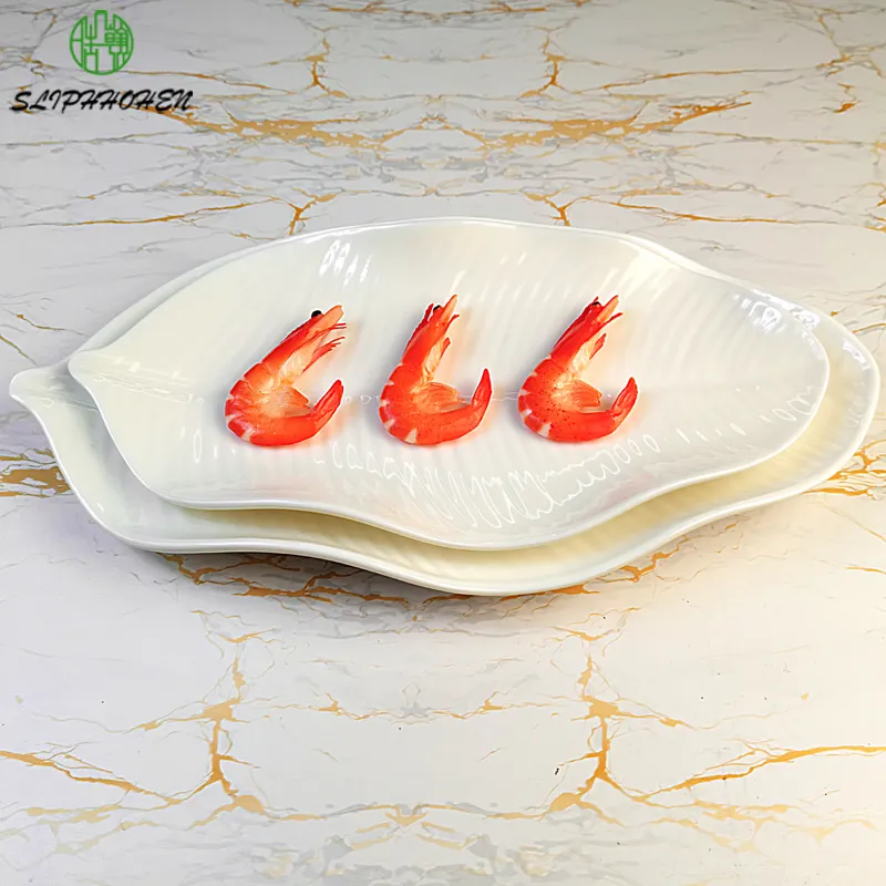 Barbecue Snacks Dinner Dish White Shape Of Banana Leaves 13/15 Inch A5 Melamine Tableware Imitation Porcelain