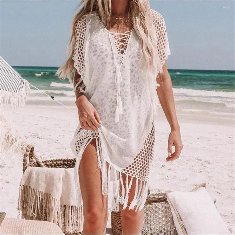 Kvinnors badkläder Vit fransar Tassel Sticked Dress virkade strandomslag för kvinnor Summer Beachwear Bohemian Cover-Ups Tunicas Femininas