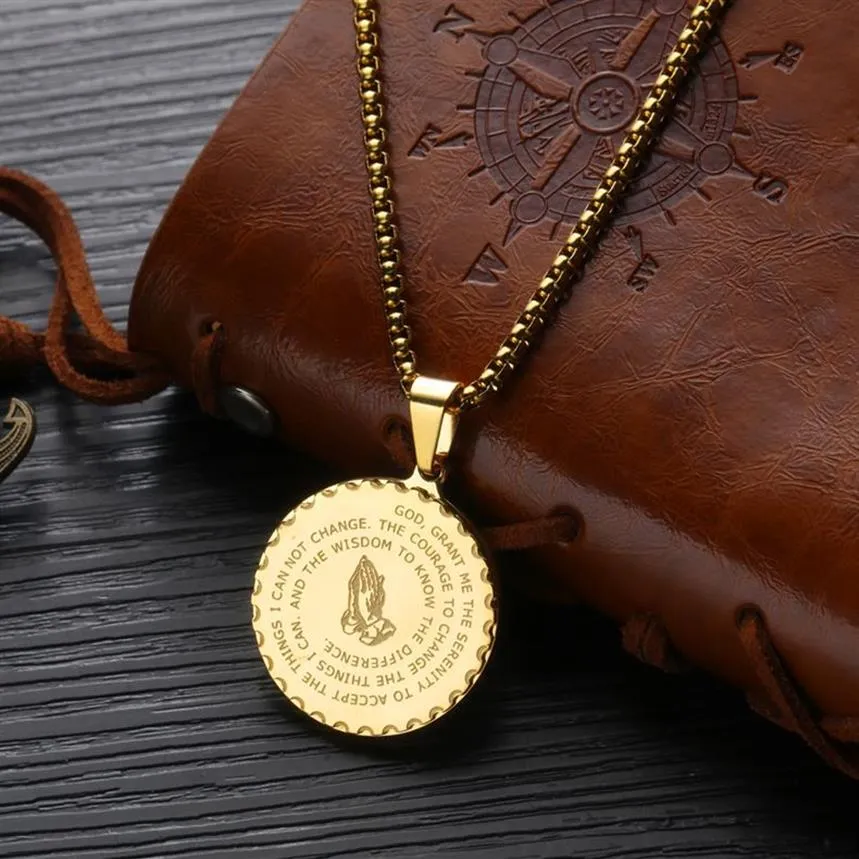 Unisex Pendant Necklaces Vintage Mens Gold Link Chain Titanium Steel Round Coin Scripture Necklaces Jewelry Gift whole sh280f