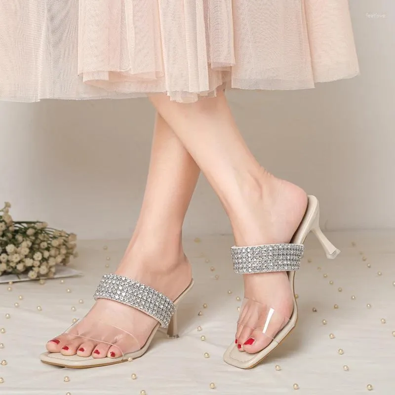 Hausschuhe Damen 2024 Sommer Mode Strass Hochzeit Sandalen Dünne Ferse Transparent Sexy Schuhe