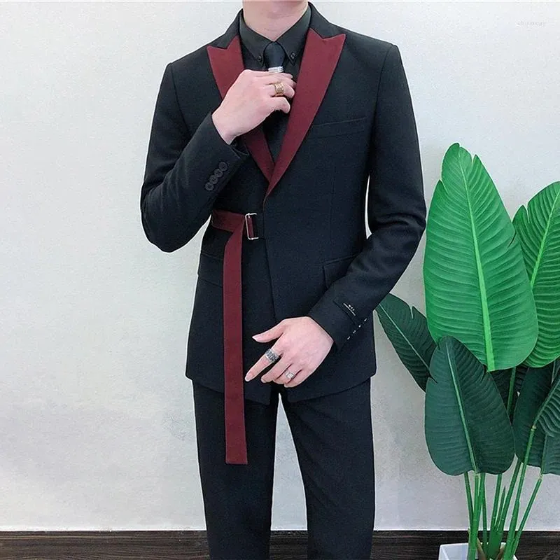 Men's Suits Ternos Masculino Spring Long Sleeve Belt Decoration Man Suit Korean Groom Men Slim Fit Weave Bring Full Dress