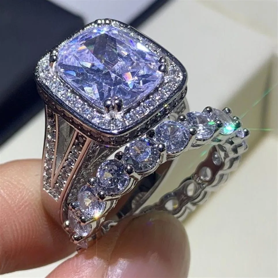 Sparkling Luxury Jewelry Couple Rings 925 Sterling Silver Cushion Shape White Topaz Gemstones Women Wedding Bridal Ring S258q