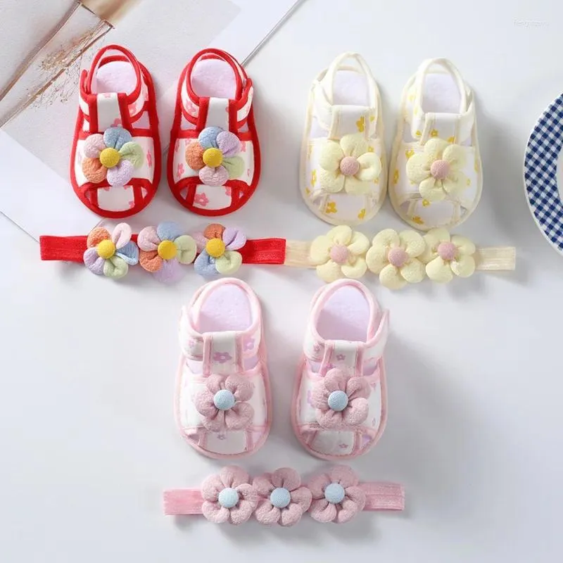 Första vandrare Baby Girl Flower Sandals Born Shoes Hair Band Set Summer Spädbarn Toddler Non-Slip Princess Walker Soft Crib