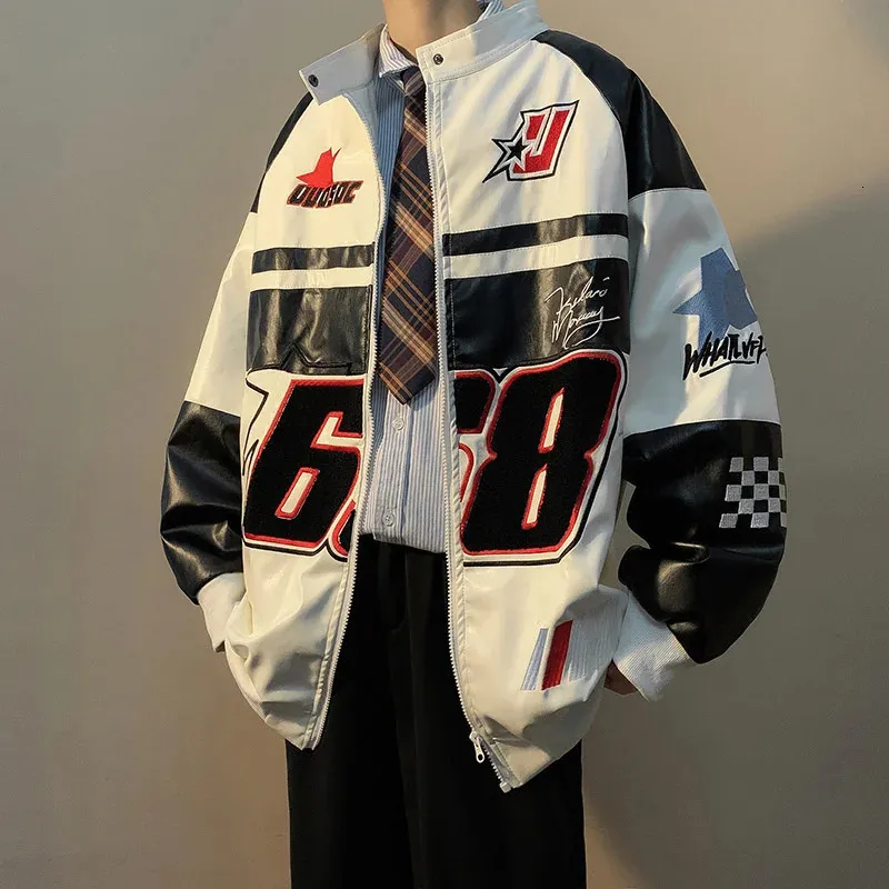 Vestes de baseball vintage Y2K Hommes Coréen Streetwear PU Harajuku Oversize Racer Varsity Costumes Moto Biker Sweat Vêtements 231229