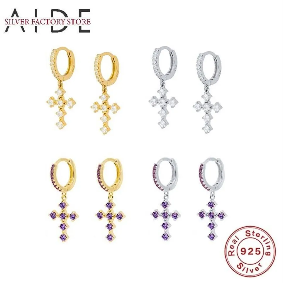 Hoop & Huggie AIDE Trendy Cross Pendientes Earrings For Women Geometric White Purple Zircon Piercing Earings Silver 925 Jewelry242C