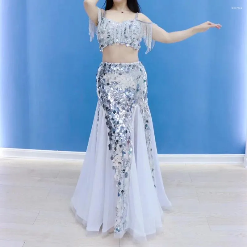 Stage Wear Belly Dance Silver Robe Performance Costume Oriental Big Swing Jupe Diamant Gland Paillettes Scintillantes