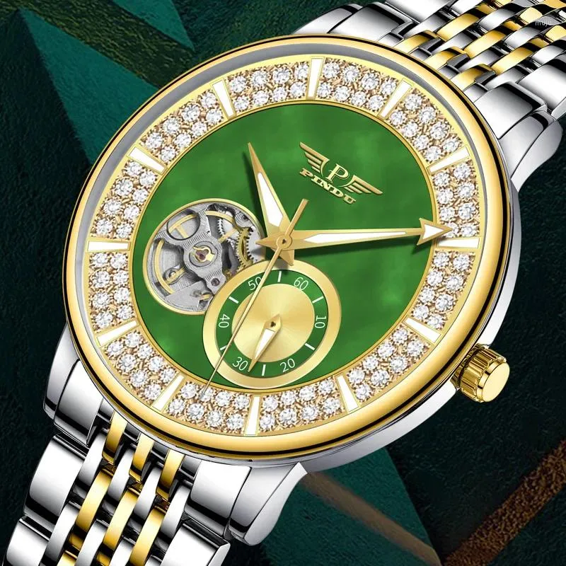 Wristwatches 2024 PINDU Green Stainless Steel Diamond Faced Tourbillon Classic Men's Mechanical Watch Fashion Chronograph 30 Meters