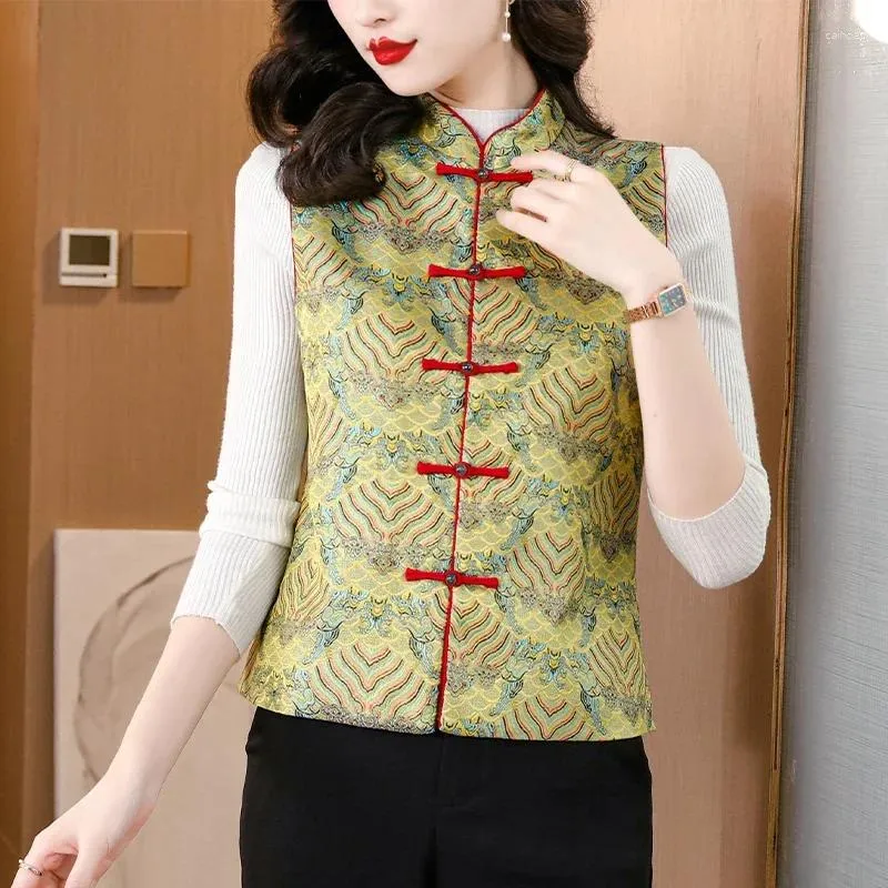 Kvinnors västar avancerade blommiga tryckta gula väst för kvinnor 2024 Autumn Chinese Retro Buckle Tang Slim Causal Top Waistcoat