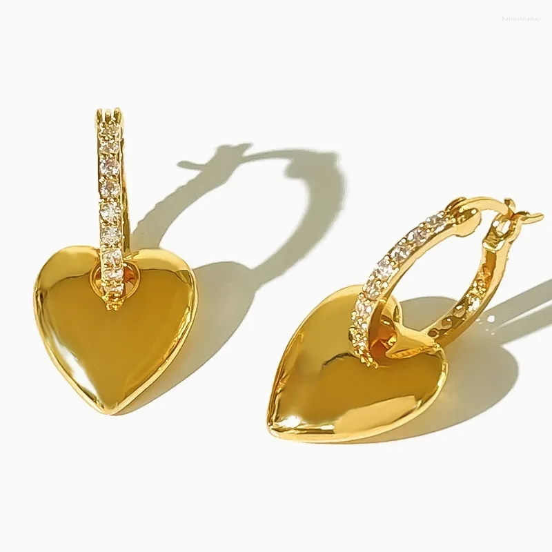 フープイヤリングperi'sbox Dainty Gold Silver Plated Smooth Puffy Heart Charm Zircon Huggie Women's Pave CZ Stone Dangle Hoops