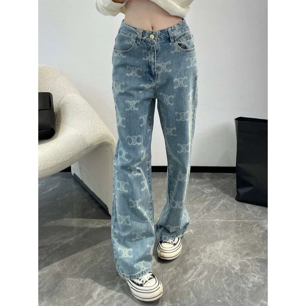 Basic & Casual Dresses Ce23 Autumn/winter Triumphal Arch Letter All Over Decoration Fashion Versatile Straight Leg Jeans for Women