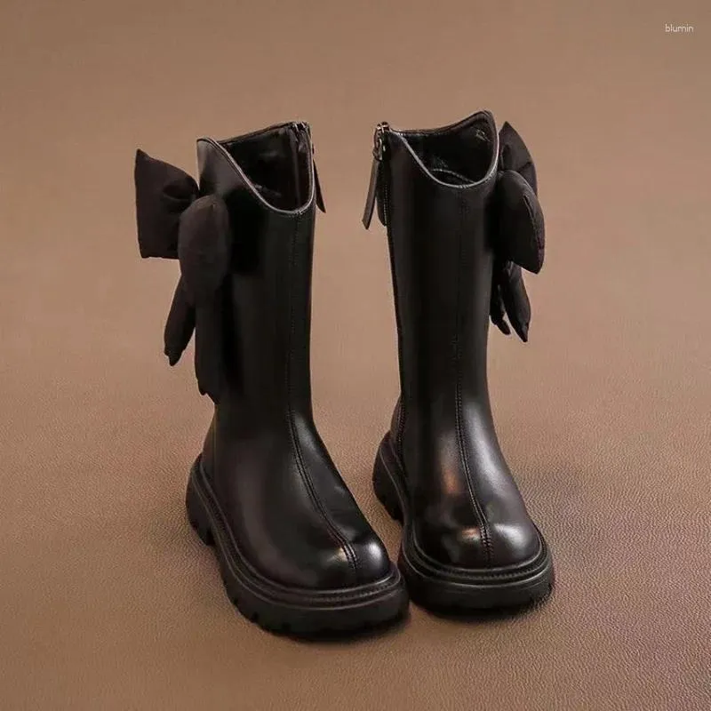 Boots Girl's Winter Long Black Pu Leather Bowtie Chunky Fashion Children pälsstart varm bowknot rund tå knähöga barnskor