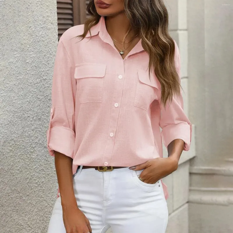 Kadın Bluzları Kadın Gömlekler 2024 Bahar Çift Cep Uzun Kollu Düz Renk Bluz Üstleri Vintage Sıradan Dönüşü Yaka Düğmesi Up Gömlek