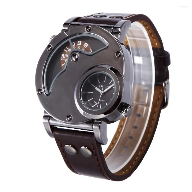 Armbanduhren Top OULM Herrenuhren Edelstahl Big Face Dual Time Leder Quarzuhr Herren Uhren Herenhorloge