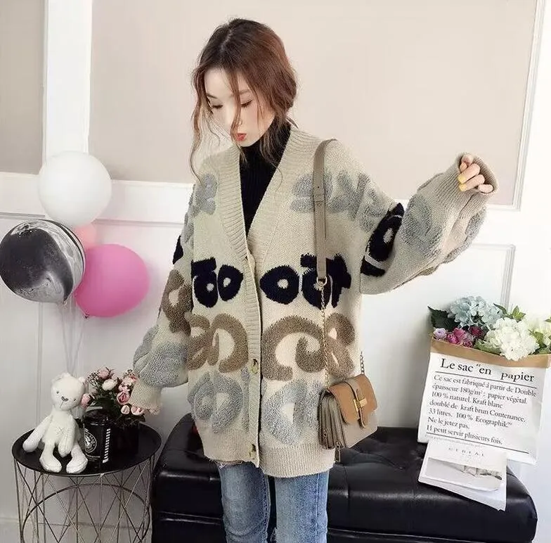 Womens Oversized Knitted Designer Cardigan Jacket with Embroidery Detail