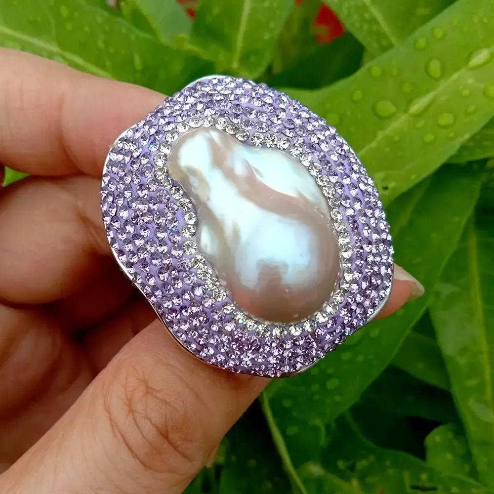 Y.YING Freshwater Cultured Purple Keshi Pearl Ring Purple Crystal Pave Big Ring Handmade Jewelry Ring Adjustable 231229