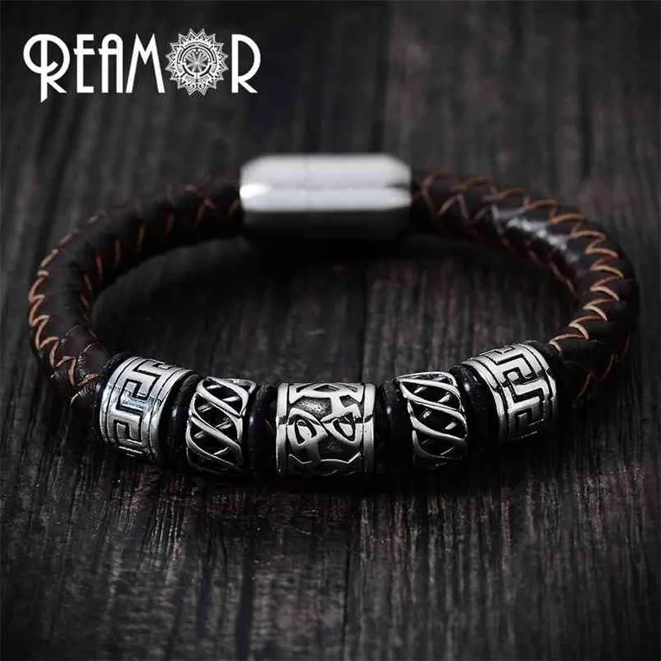 REAMOR Trendy Men Pulseira de couro preto 316l Aço inoxidável Viking Bead Pulseiras com fecho magnético forte 17-21cm 210918309U