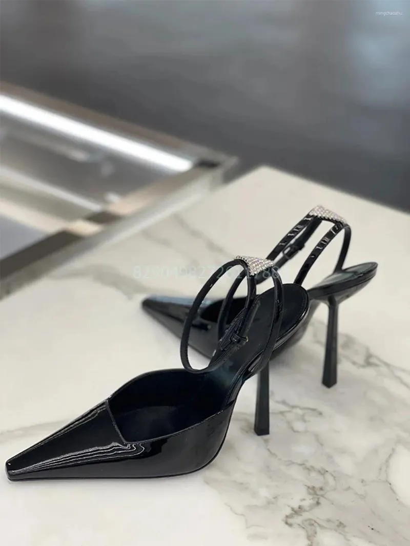 Sandalias sexy negro correas de tobillo sólido puntiagudo punta fina tacón alto charol zapatos de mujer moda fiesta 2024 lujo poco profundo