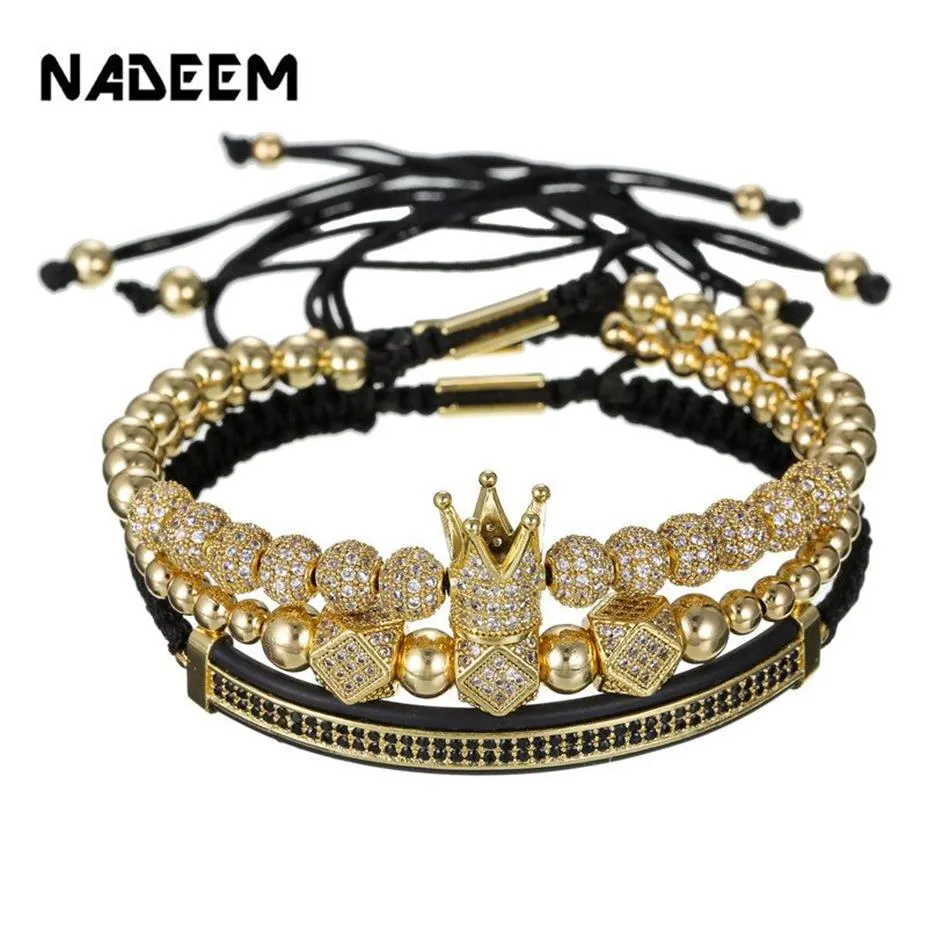 3Pcs Set Couple CZ Crown Bracelet Sets For Men Gold Pave Cubic Micro Charm Women Braided Bracelet Sets Pulseira Bileklik314D