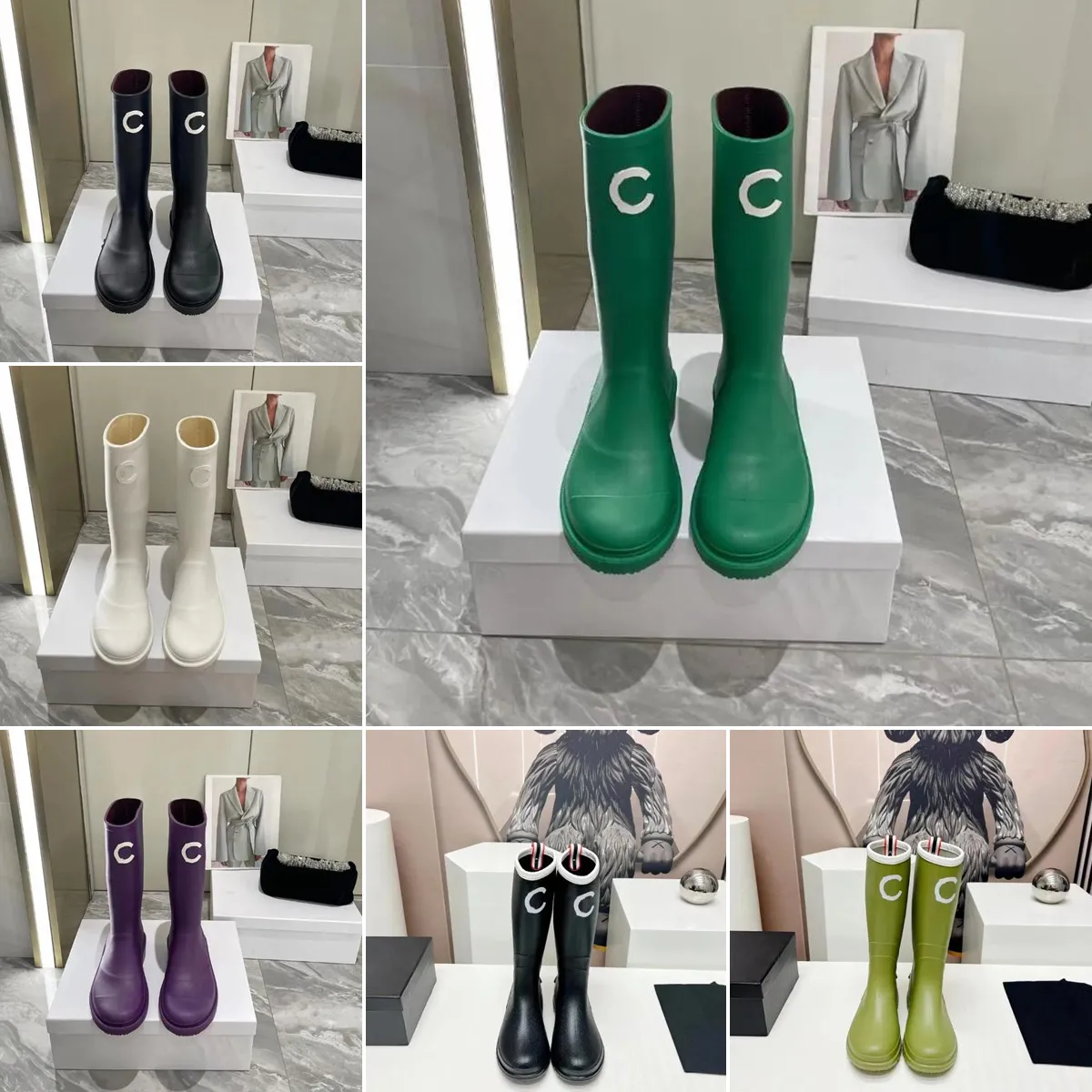 Designer Boots Long Tube Rubber Women rain boot Black purple green Classic Waterproof Knee Boots Rain Boot Vintage casual rubber rain shoes for women