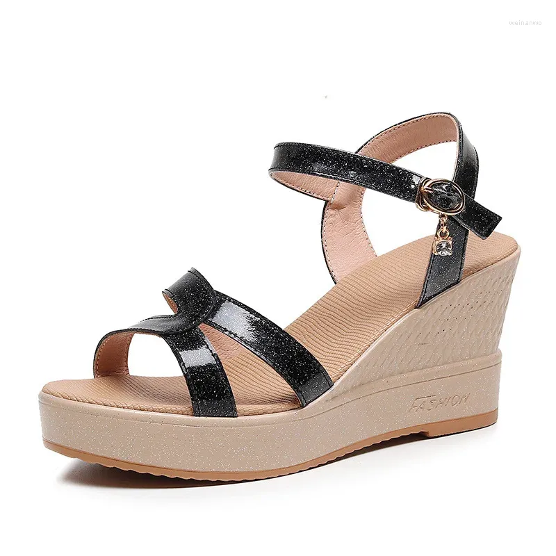 Sandals Comfortable Bling Split Leather Shoes Women's Platform Wedges Summer 2024 High Heels For Office Beach Mom