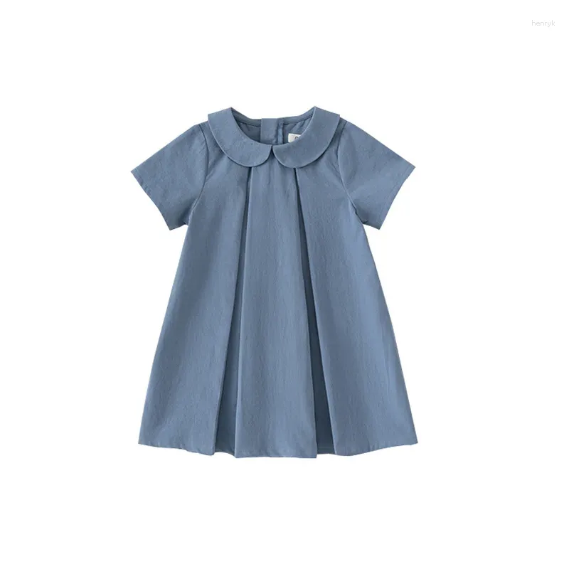 Robes d'été pour filles de 1 à 7 ans, tenue princesse de couleur bleue, à manches courtes, en pur coton, vêtements pour enfants