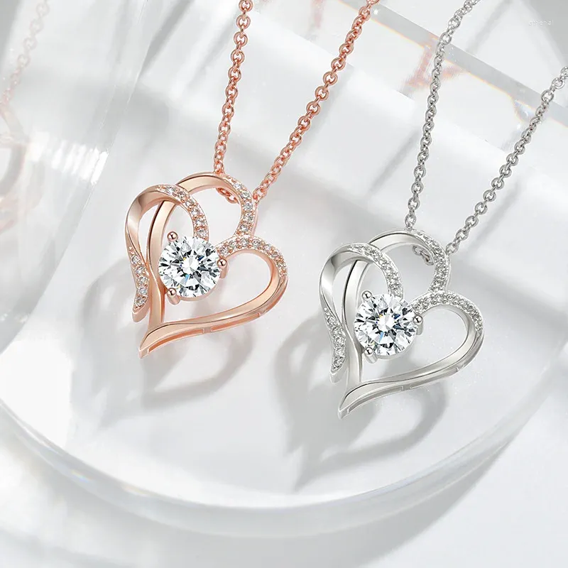 Hanger Kettingen Dubbel Hart Ingelegd Zirkoon Ketting Voor Vrouwen Elegante Rose Goud Kleur Sleutelbeen Keten Klassieke Zilveren Kleur Mode-sieraden