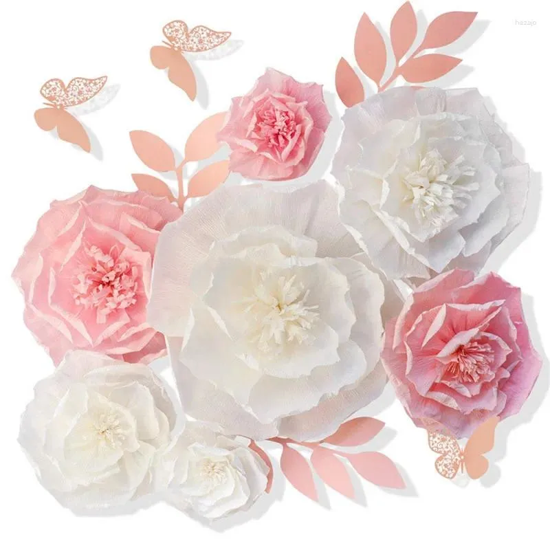 Flores decorativas 3 pçs papel crepe gigante 3d grande rosa para cenários de casamento decorações artesanato bebê berçário festa de aniversário suprimentos