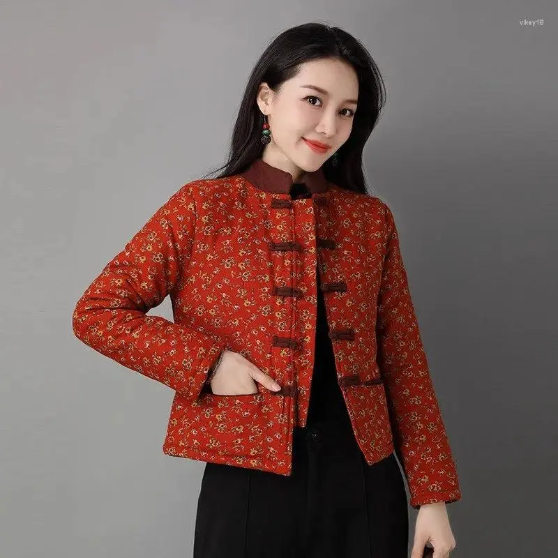 Kvinnors dikerockar Autumn/Winter Jacket Mid Aged Eldy Mom Ethnic Style Retro Chinese Button Printed Cotton Linen Thicked quiltad kappa