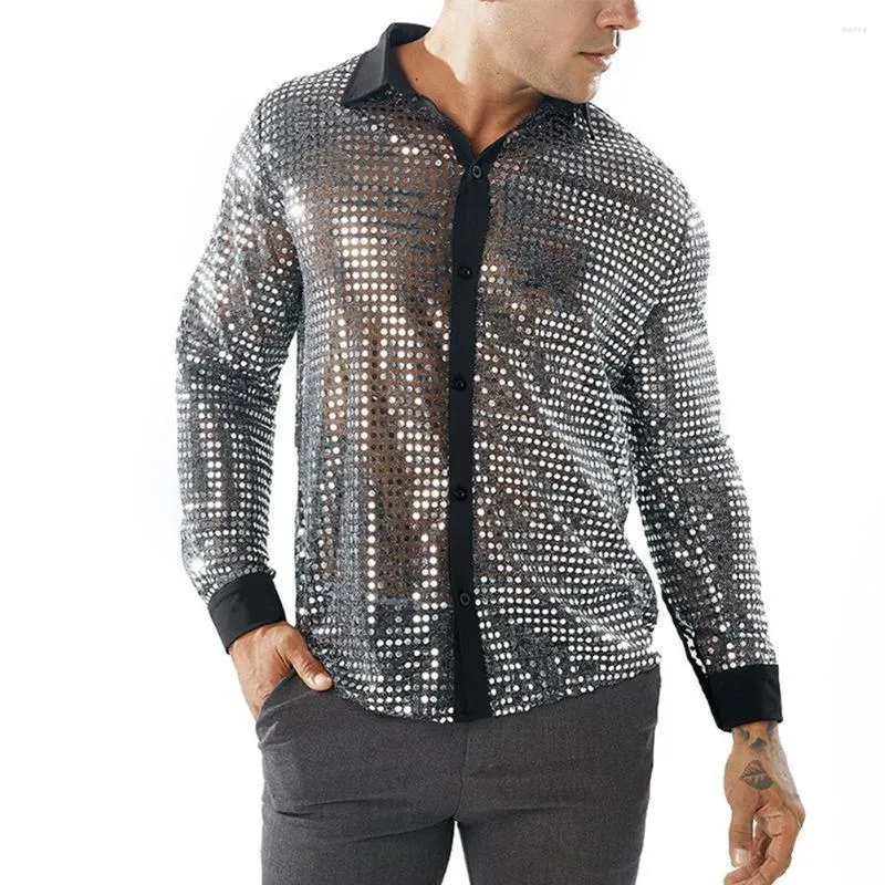 Men's Casual Shirts 2024 Fashion Mens Sparkly Sequins Party Dance Retro 70s Disco Nightclub Shirt Tops Single Breasted Performance Clothing