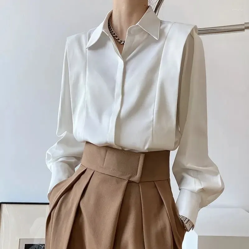 Women's Blouses White Satin Elegant Women Long Sleeve Office Ladies Chic Shirts Korean Fashion Design Sense Spring Autumn Female
