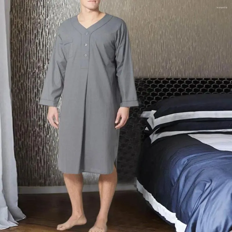 Men's Sleepwear Long Nightrobe Knee Length V-neck Bathrobe With Sleeves Soft Breathable Night Clothes Pajamas Button Straight Design