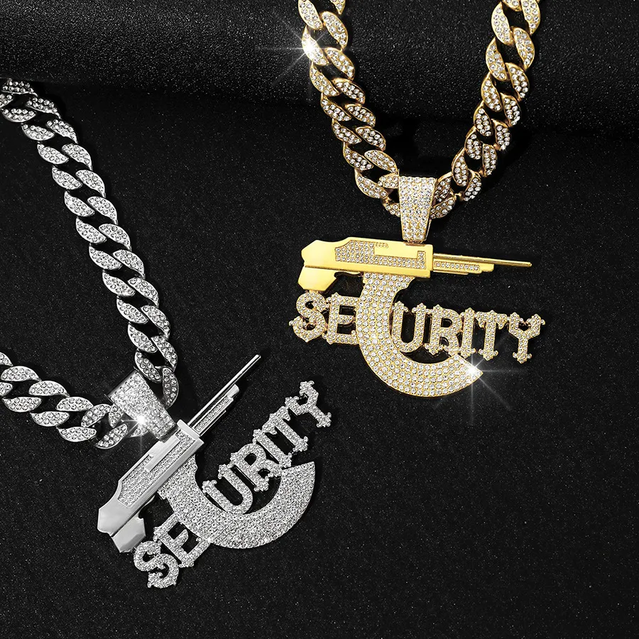 Hip Hop Men Rapper Diamond Pendant Necklace Shiny Seurity Letters Sniper Rifle Pendant Zircon Jewelry Night Club Accessory Sweater Cuban Chain 18inch 1958