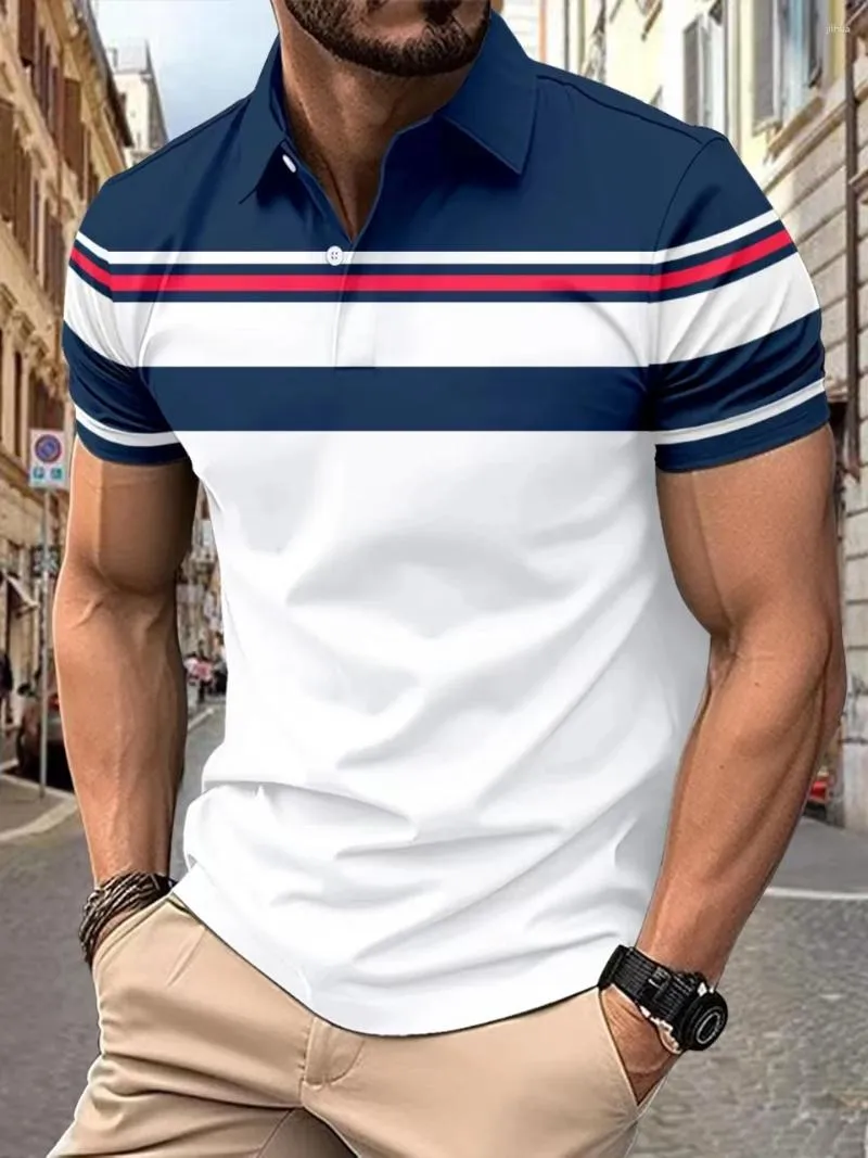 Męskie polo Summer Business Button Button Polo koszulka pasiastka Dopasowanie Lapel Street Top T-shirt