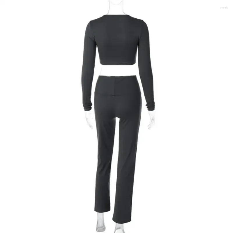 Pantalon de deux pièces pour femmes Femmes Top Costume 2 pièces Col rond Ensemble avec taille haute Conception levée à manches longues Solide pour dame