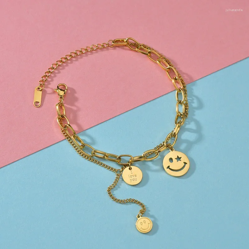 Link pulseiras de aço inoxidável ins vintage rosto feliz pulseira criativa sorriso múltiplo para mulheres meninas adolescentes moda jóias presente