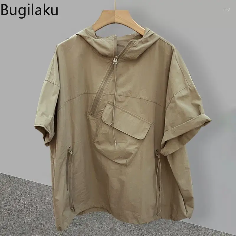 Homens Camisetas Bugilaku Zip Com Capuz Manga Curta T-shirt Casal Verão Coreano Moda Trabalho Vestido Bolso Design Sentindo Metade