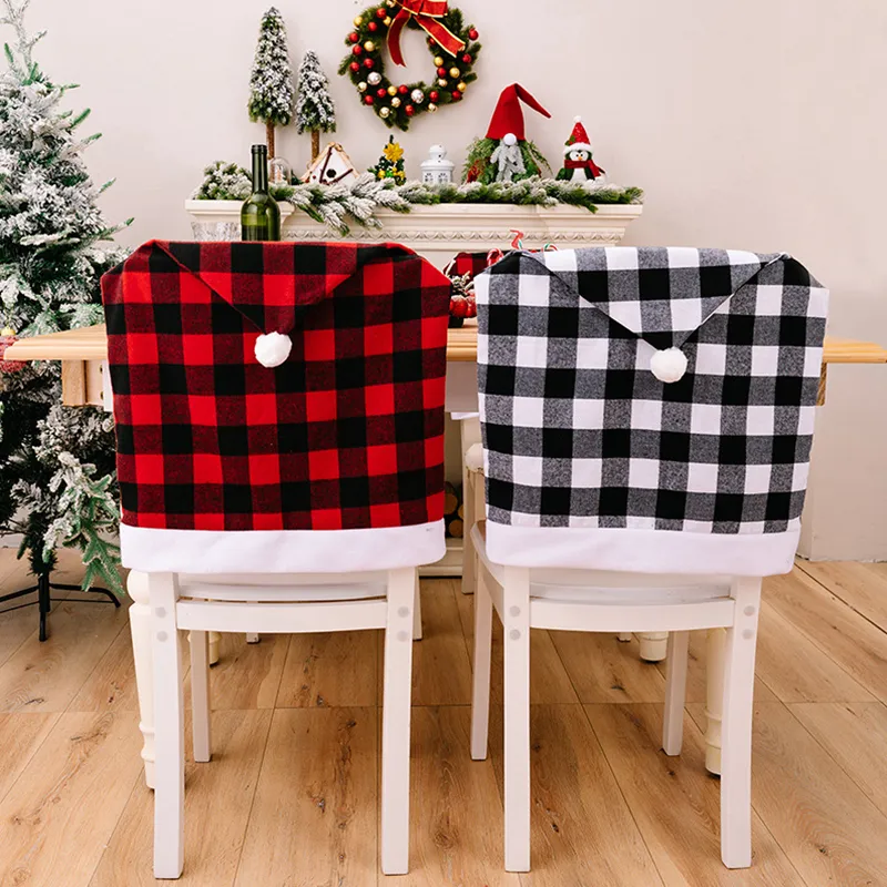 DHgate Plaid Christmas Chair Covers Set of 4 Santa Hat Chair Back Slipcovers for Xmas Dinner Party Decor Home Garden